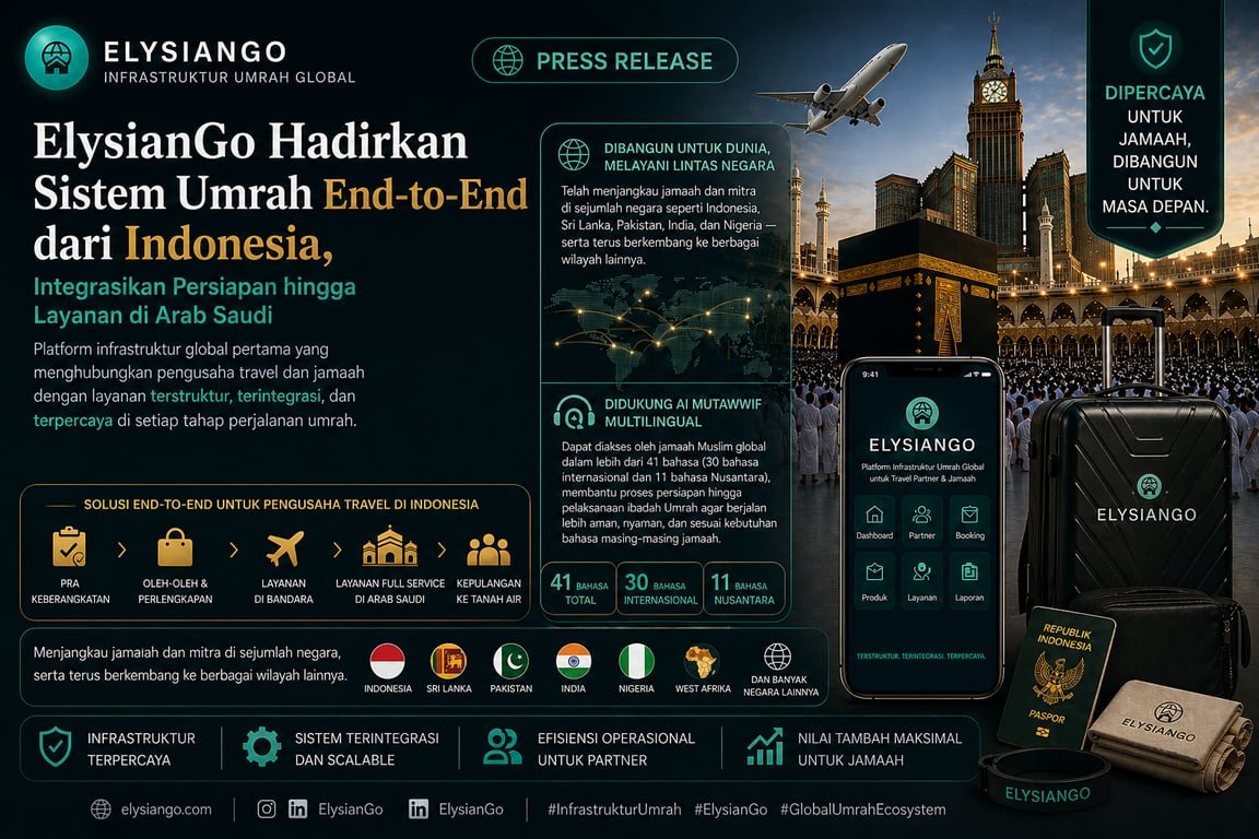 ElysianGo Hadirkan Sistem Umrah End-to-End dari Indonesia, Integrasikan Persiapan hingga Layanan di Arab Saudi ElysianGo Hadirkan Sistem Umrah End-to-End dari Indonesia, Integrasikan Persiapan hingga Layanan di Arab Saudi