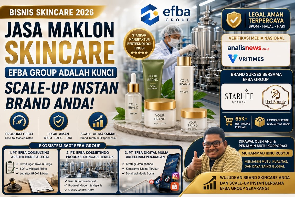 Bisnis Skincare 2026: Mengapa Jasa Maklon Skincare Efba Group Adalah Kunci Scale-Up Instan Brand Anda Bisnis Skincare 2026: Mengapa Jasa Maklon Skincare Efba Group Adalah Kunci Scale-Up Instan Brand Anda
